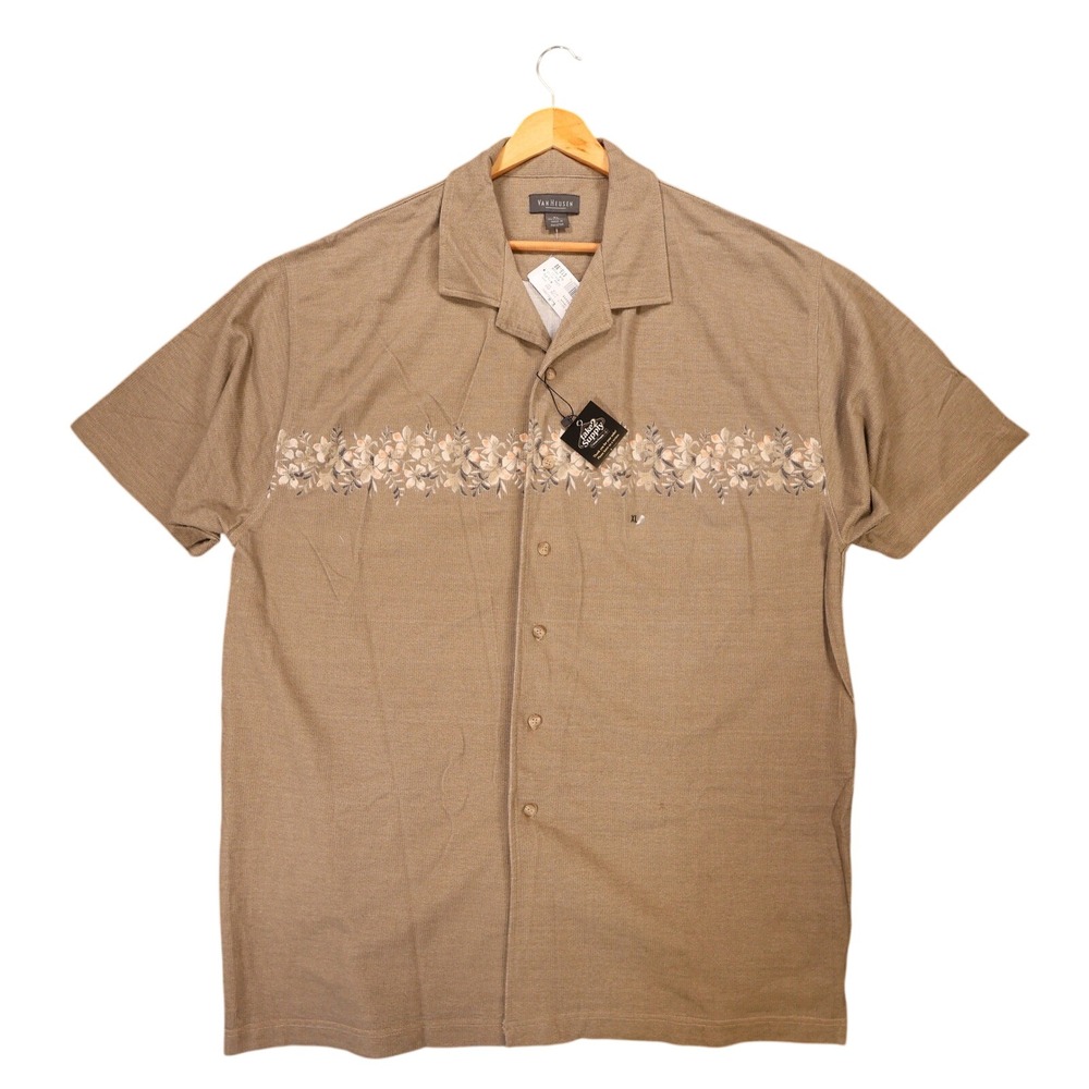 Van Heusen Button Up Mens XL Brown Excellent Vintage Floral Knit Camp Shirt